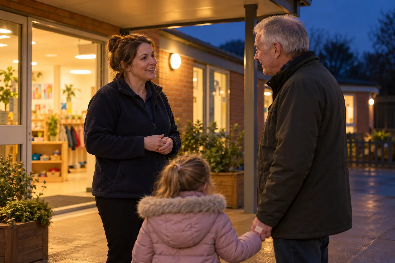 At going-home time on a dark winter afternoon, a nursery room leader stands under the lit entrance canopy of a single-storey nursery talking with a grandfather, who holds the hand of a small girl in a padded coat, seen from behind, a plaster on the back of her hand