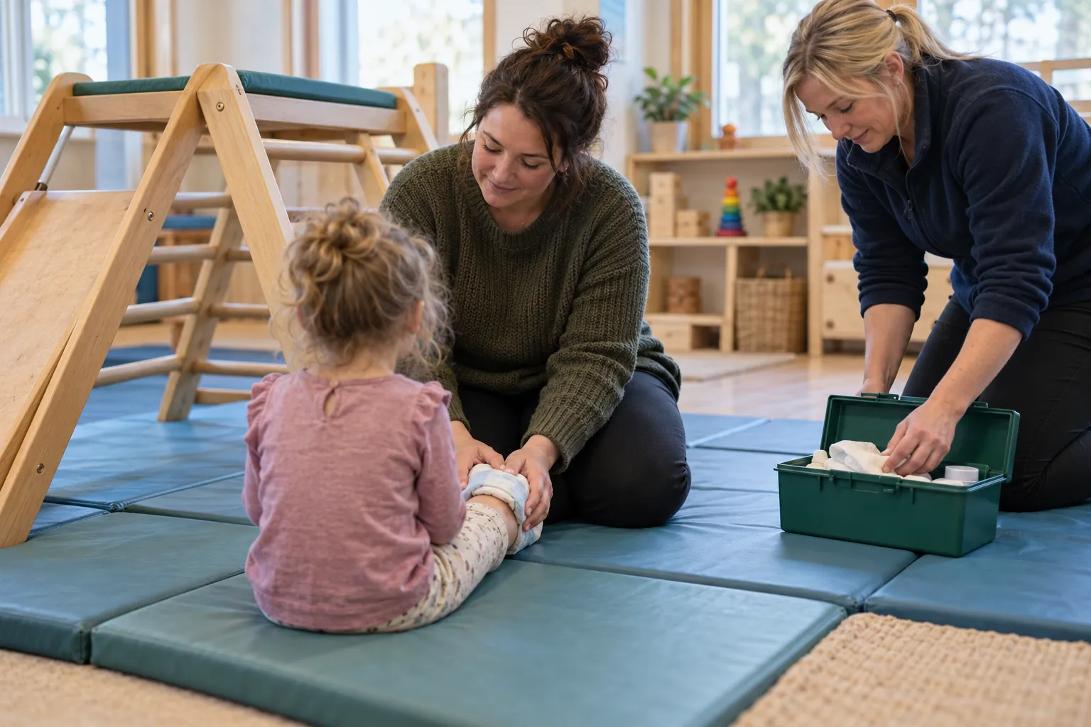 In the indoor physical play area of a day nursery, a practitioner kneels on a padded mat beside a low wooden climbing frame, holding a wrapped cold pack to the knee of a three-year-old seen from behind, while a colleague sets an open first aid box down beside them