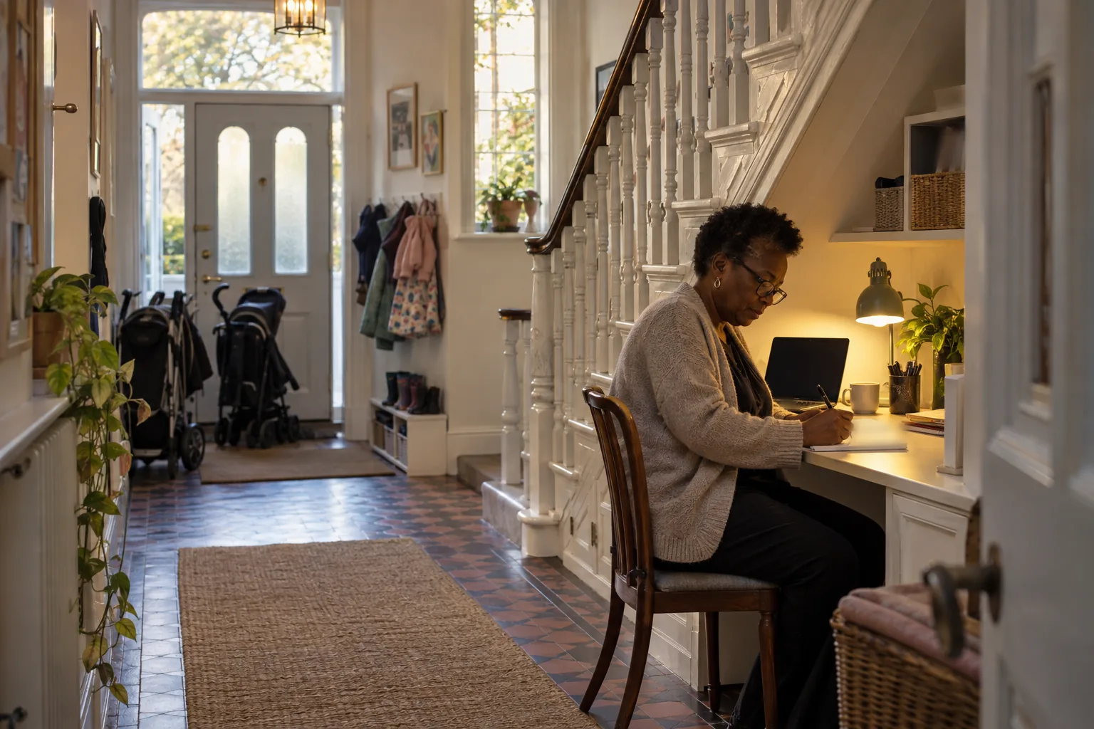 In a converted house nursery after the children have gone home, the manager writes up her notes at a small desk tucked under the stairs