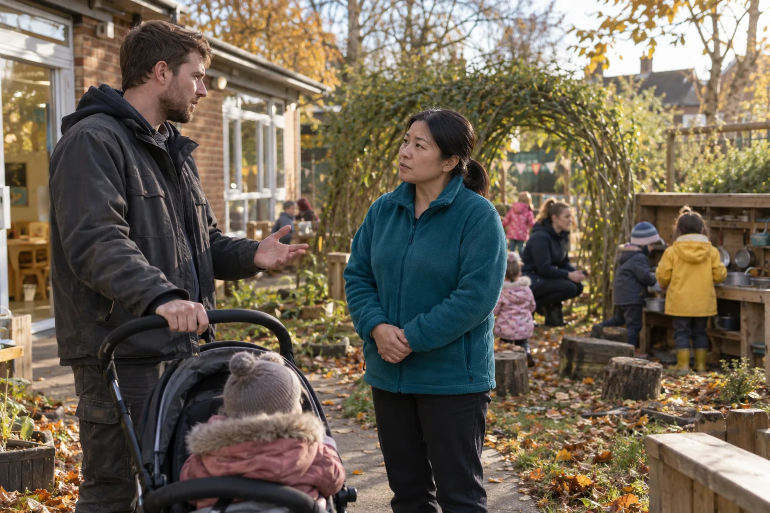 At the edge of a nursery garden in low autumn sun, a nursery manager listens closely to a father who has stopped with a buggy on the path, practitioners and children out of focus by a willow tunnel behind