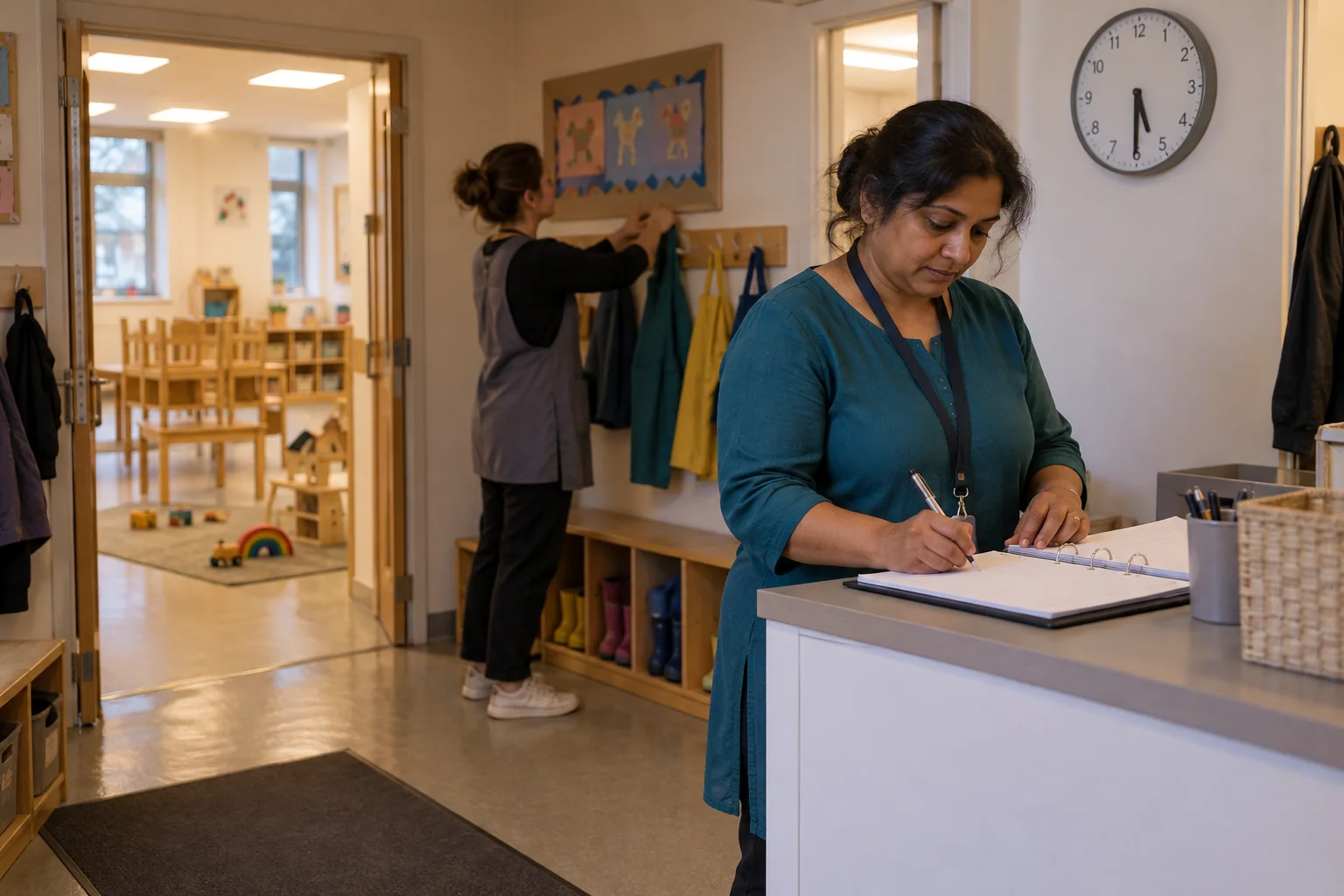 A nursery manager writes in a register while a colleague puts away aprons