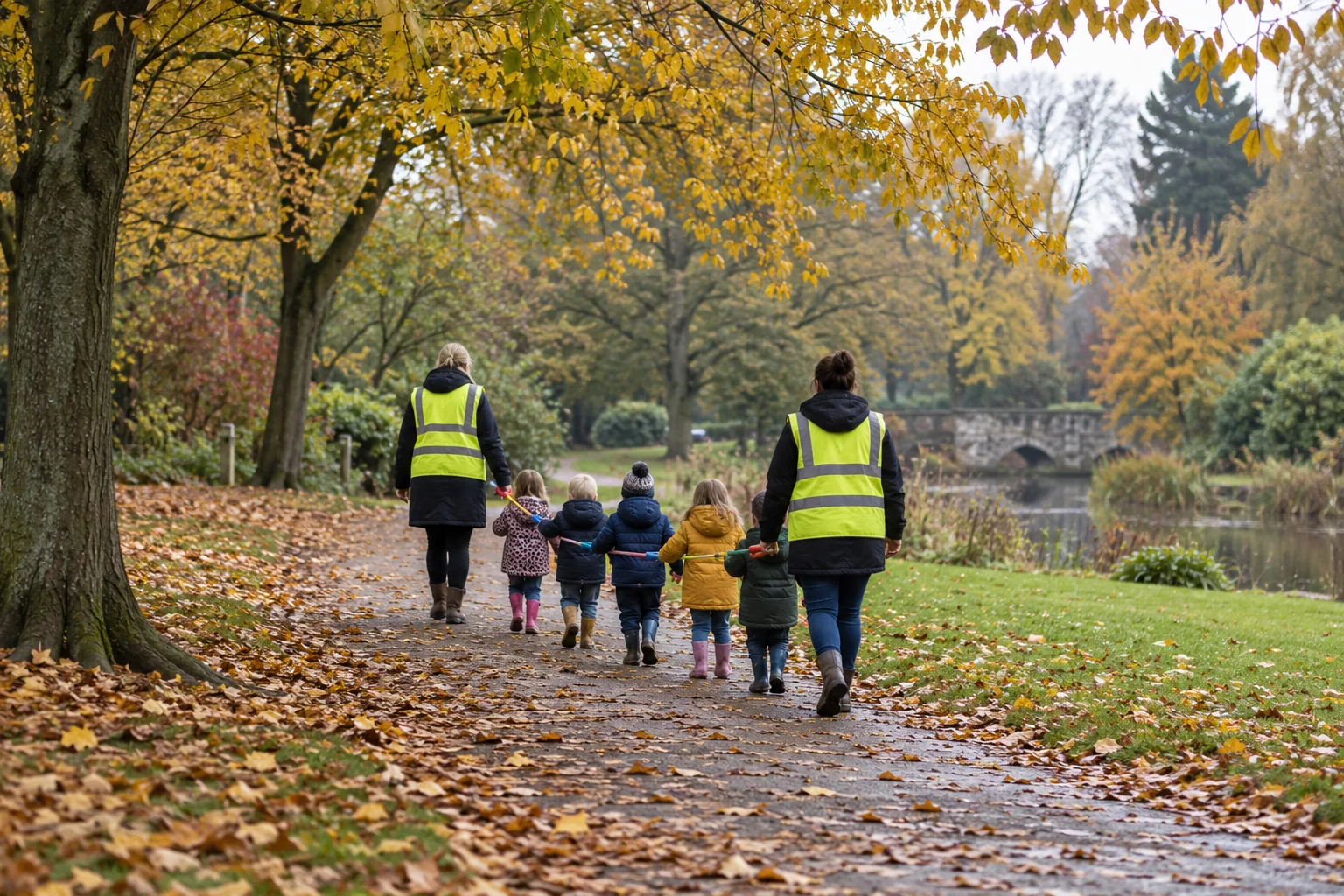 Seen from behind and at a distance on a path through an English park in autumn, two early years practitioners in plain high-visibility tabards walk at either end of a small group of pre-school children holding a walking rope, under trees with yellow leaves