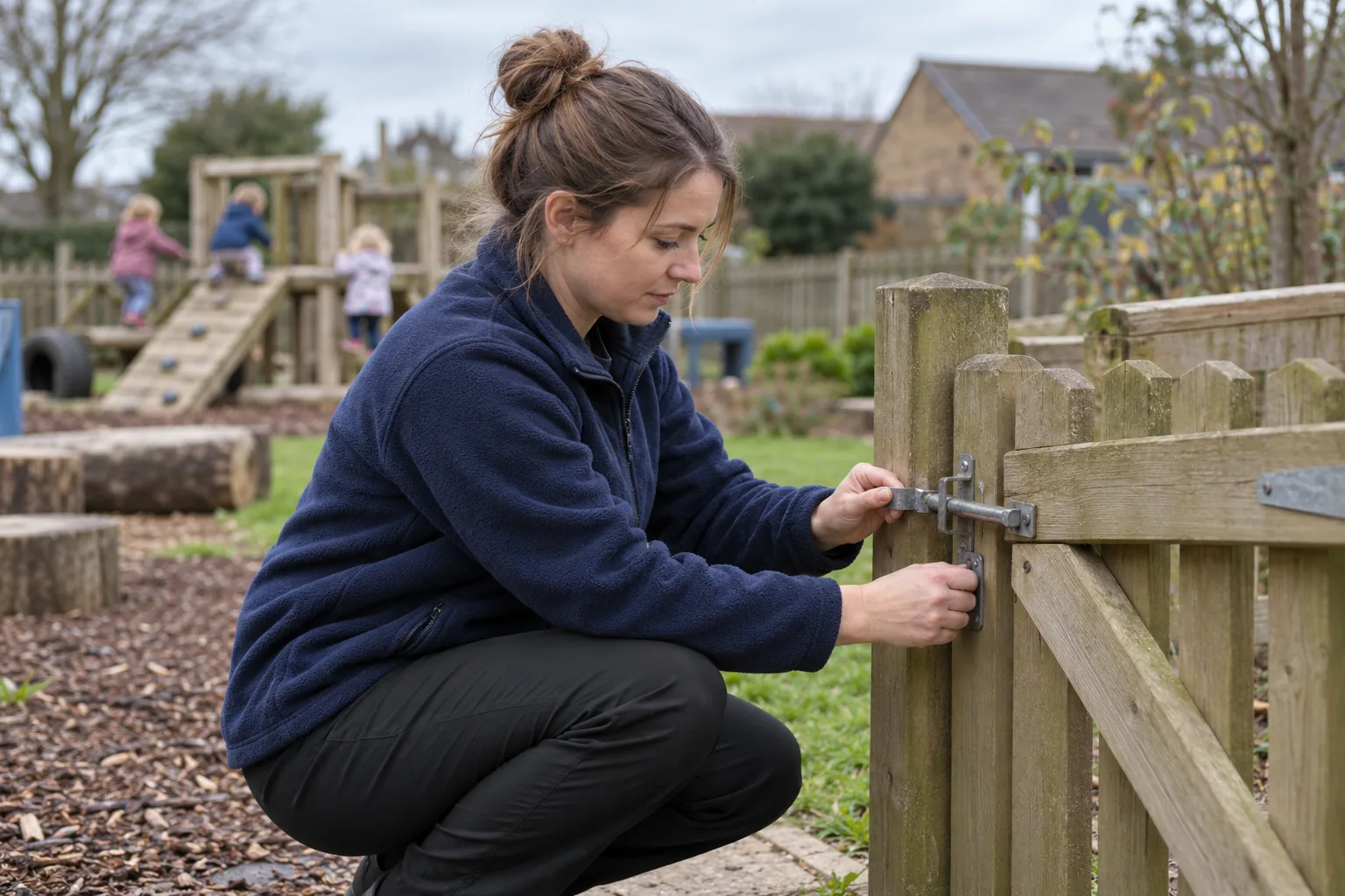 On an overcast English morning, a nursery practitioner in a fleece crouches at a low wooden gate in the fenced garden of a day nursery and tests that its latch closes firmly, while toddlers play on a low climbing frame far behind her, out of focus
