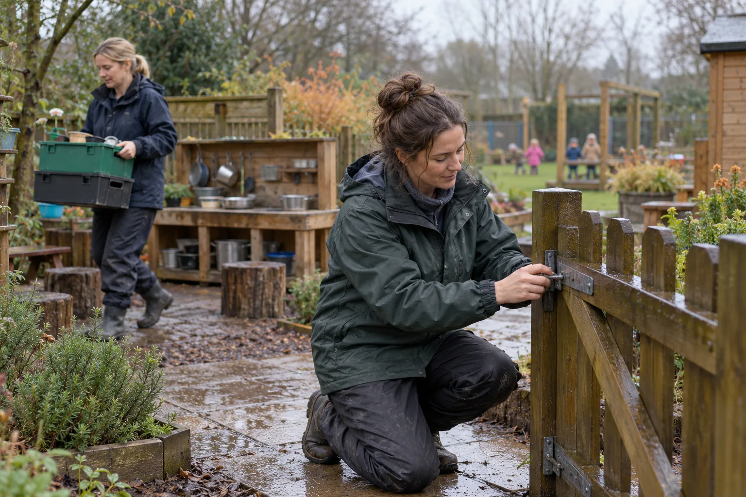 On a grey, damp morning in a nursery garden, a room leader in a waterproof jacket kneels to check the latch on a low wooden gate while a colleague carries a stack of plastic crates past a mud kitchen, with children playing on the far side of the garden, small and out of focus
