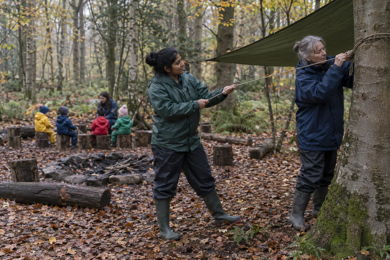 A newly appointed practitioner in waterproofs helps a colleague stretch a tarpaulin between two trees at a forest-school pre-school on a grey morning, small children in rain suits out of focus by a log circle