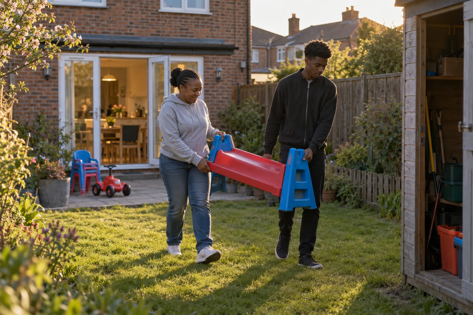 On a spring evening, a childminder and her teenage son carry a toddler’s plastic slide in from the back garden of their semi-detached house after the minded children have gone home