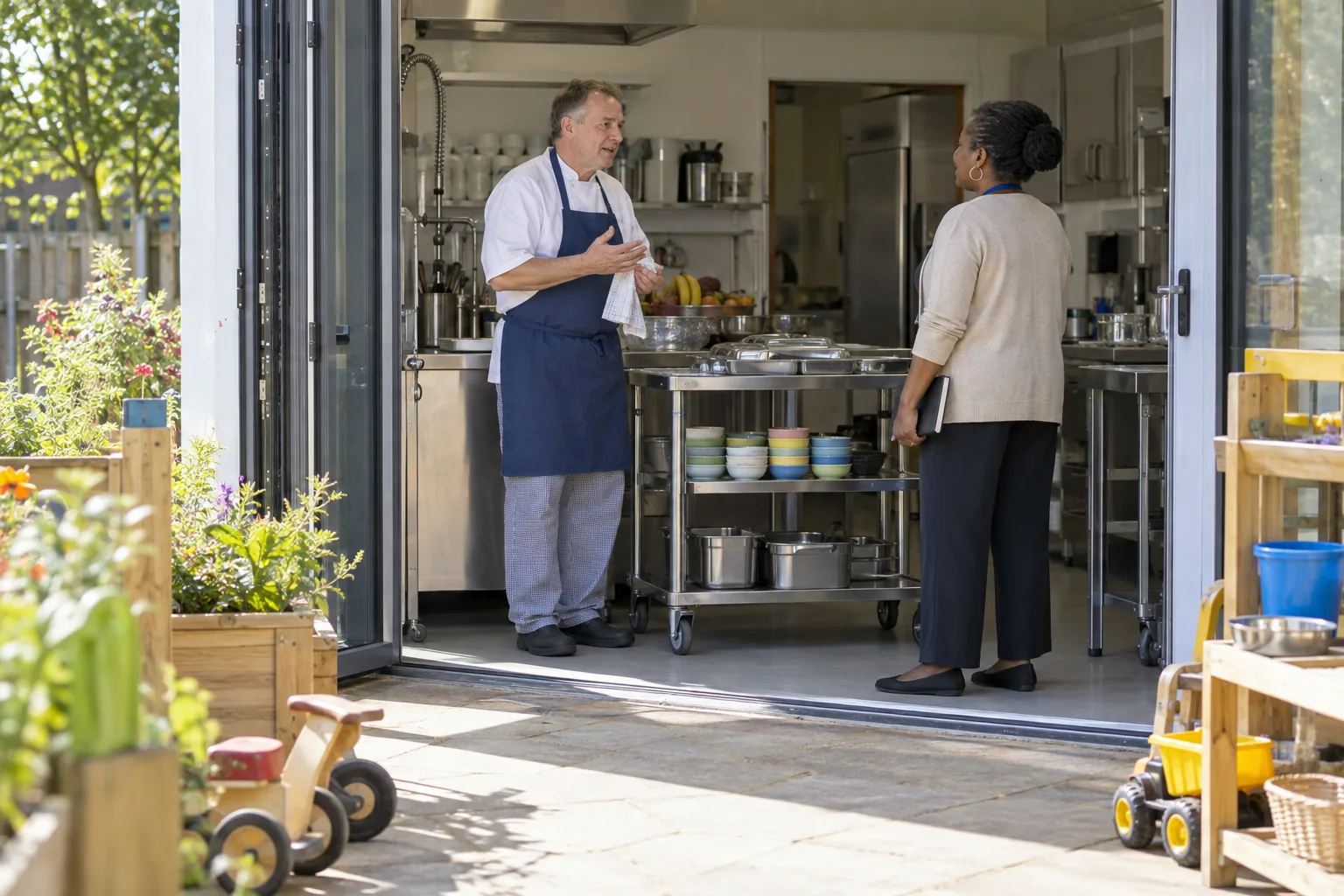 Seen from the garden through open bifold doors, an inspector talks with the nursery cook beside a trolley of lunch bowls in the nursery kitchen