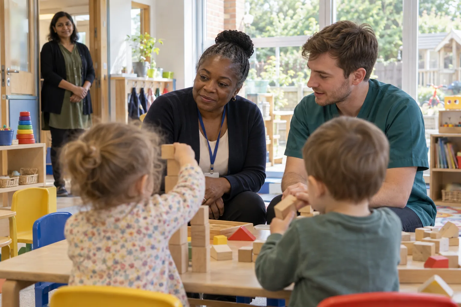 In a bright nursery pre-school room, a visiting inspector with a plain lanyard kneels at a low table beside a practitioner as two toddlers build a tower of wooden blocks, the manager watching from the doorway