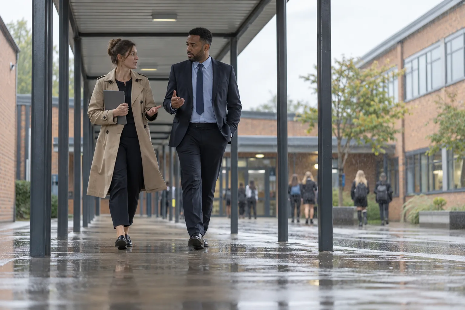 Two members of a school leadership team talk as they walk along a covered outdoor walkway between school blocks in light rain, one carrying a tablet