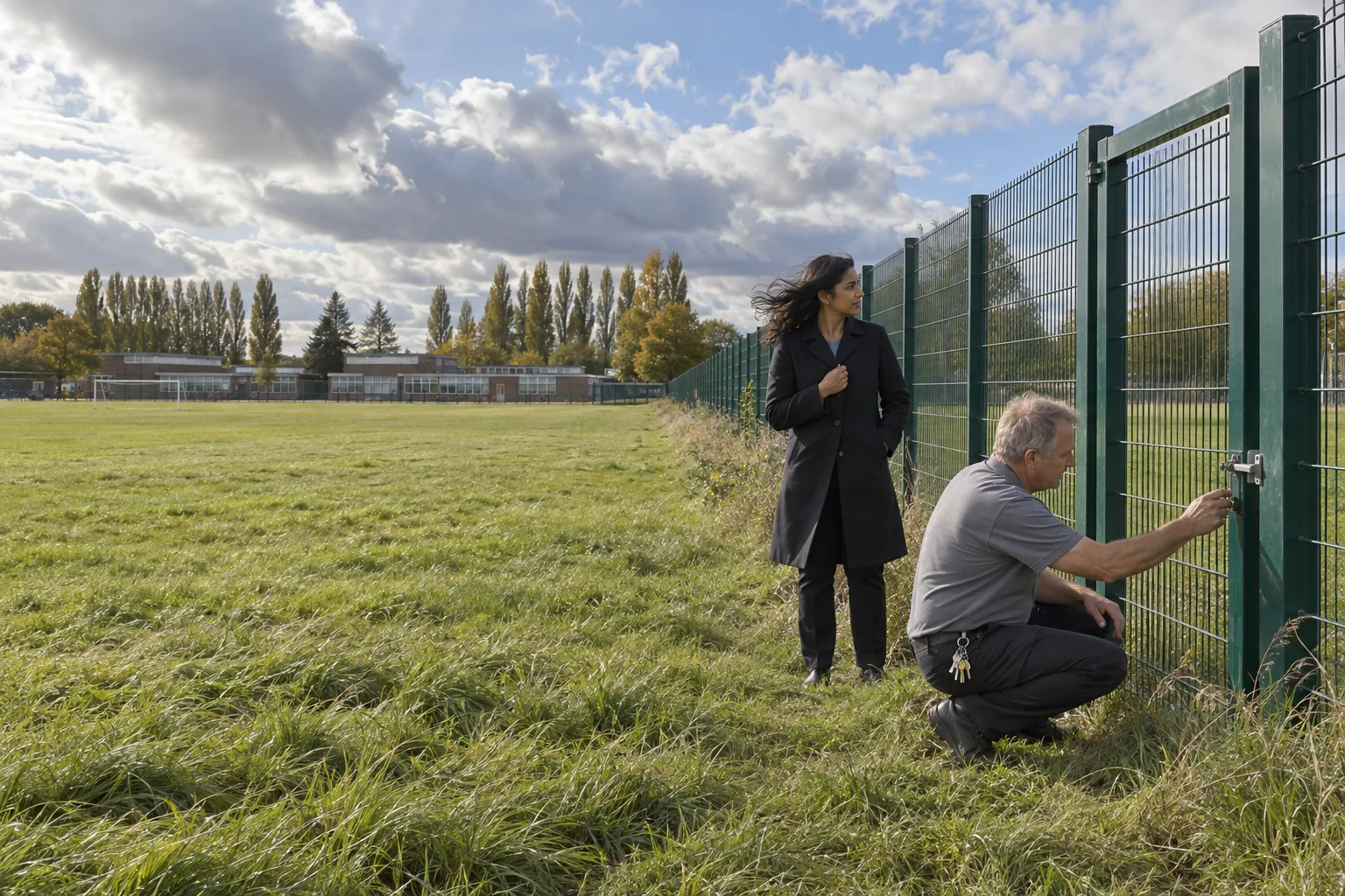 A site manager and a headteacher check the lock on a perimeter gate at the edge of a school playing field on a bright, blustery afternoon