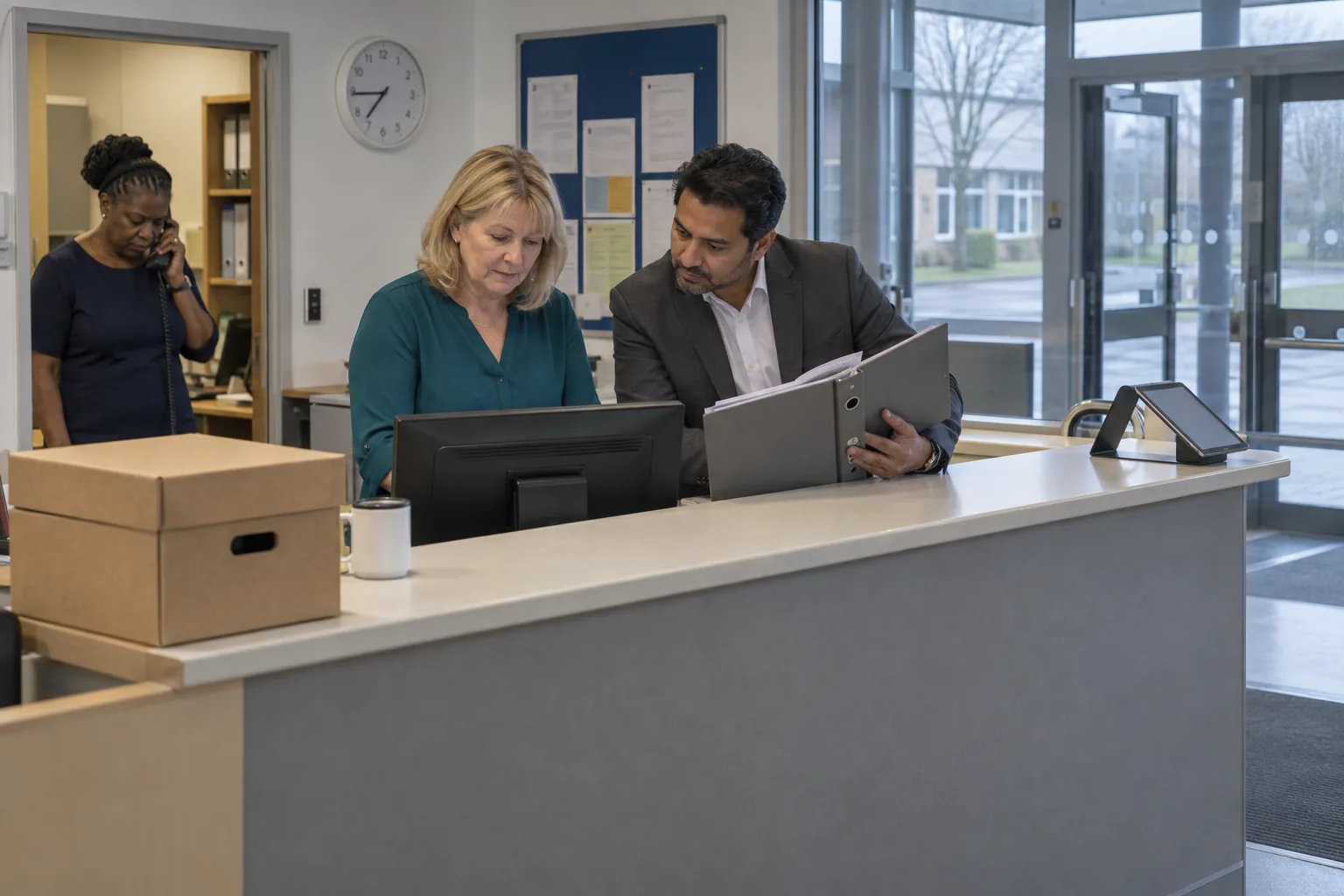 A school office at a quarter to eight on the morning of an inspection: the office manager at the counter, a deputy head leaning over it with a lever-arch file, the headteacher on the phone in the doorway behind