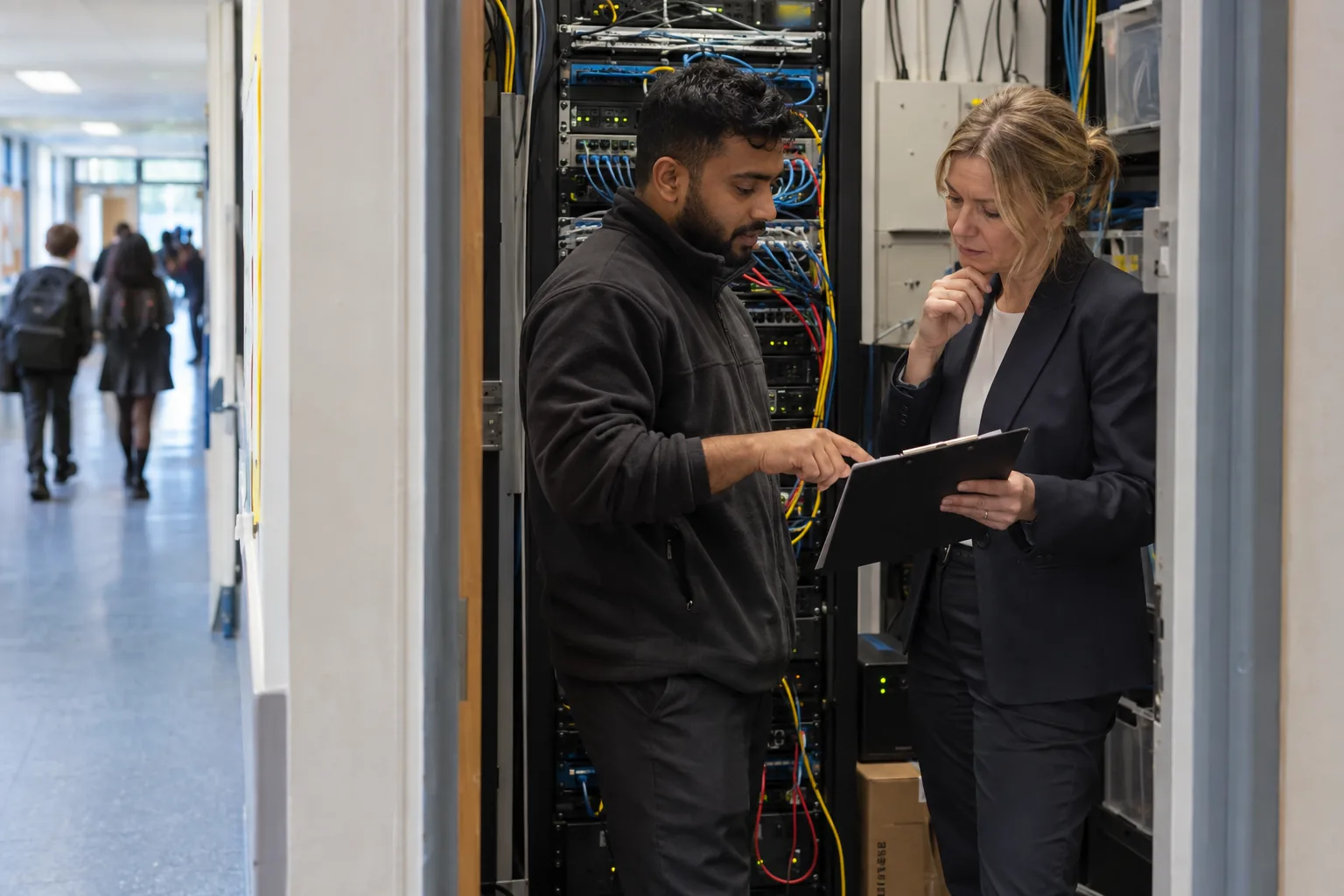 A school IT technician and a deputy headteacher stand in a narrow server cupboard off a secondary school corridor, talking over a clipboard, cables and a network cabinet behind them