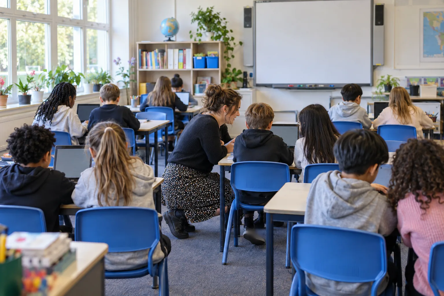 A Year 5 class works in pairs on laptops in a bright primary classroom while their teacher crouches beside one table to talk with two pupils, seen from the back of the room