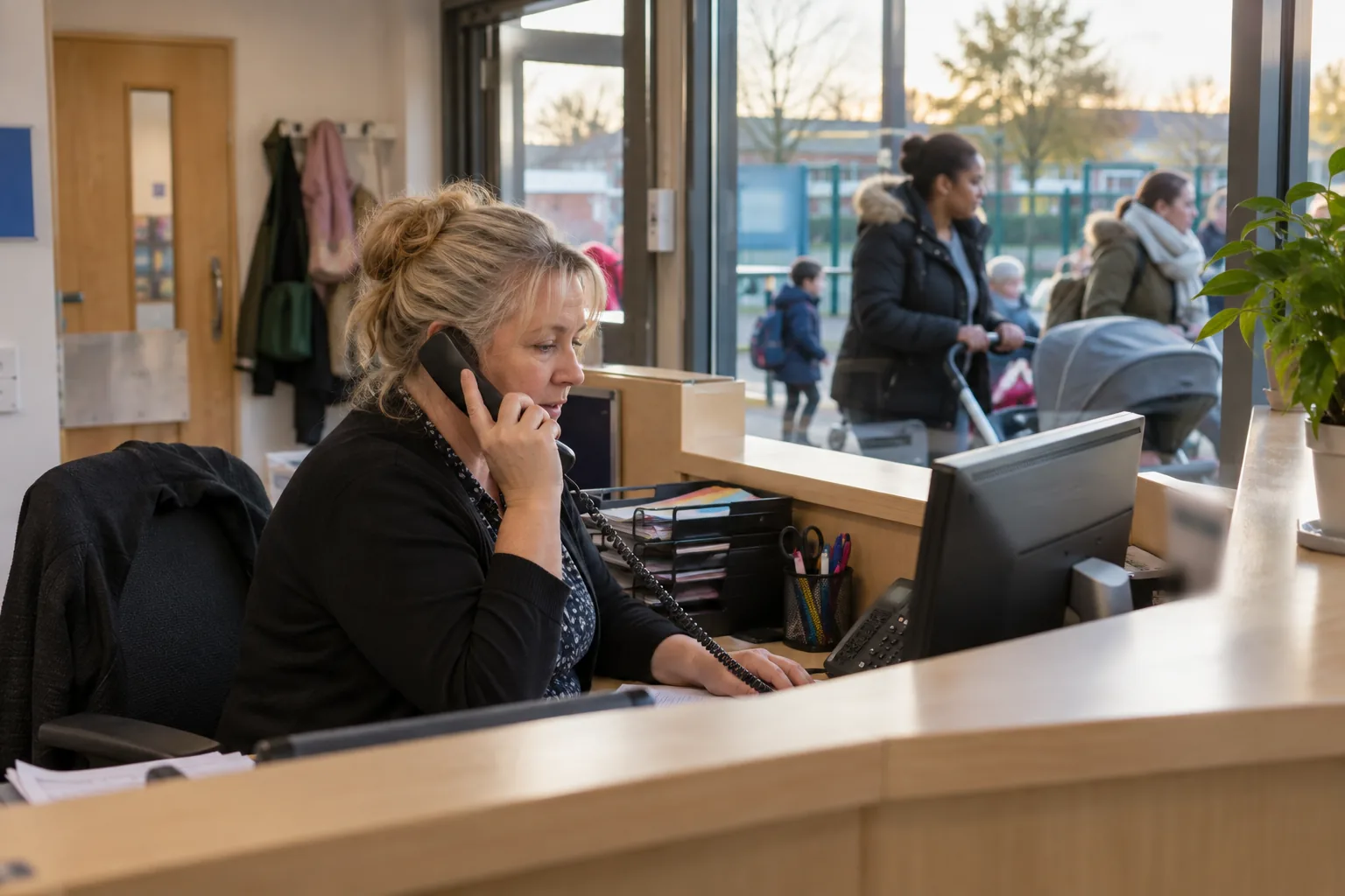 A school office manager speaks on a desk phone at the reception hatch of a busy primary school entrance in the late afternoon, parents with pushchairs passing behind the glass