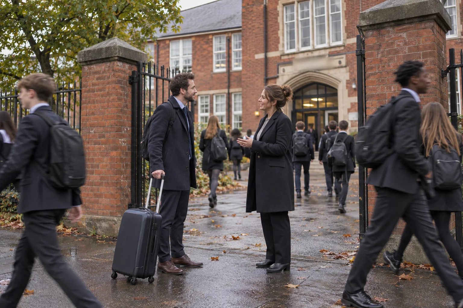 A newly arrived teacher with a wheeled suitcase is greeted by a deputy head at the gates of a red-brick secondary school on a grey September morning, pupils streaming past