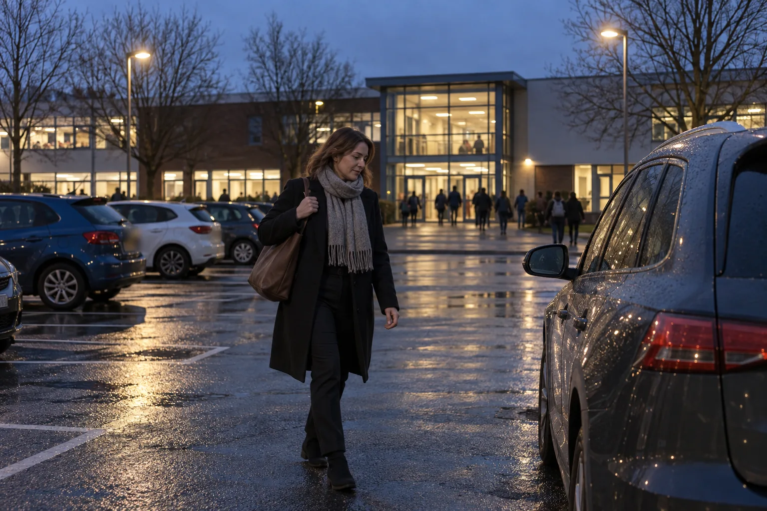A secondary school teacher in a coat walks to her car across a staff car park under streetlights on a winter evening, bag over one shoulder and phone in her pocket, the lit school building behind her