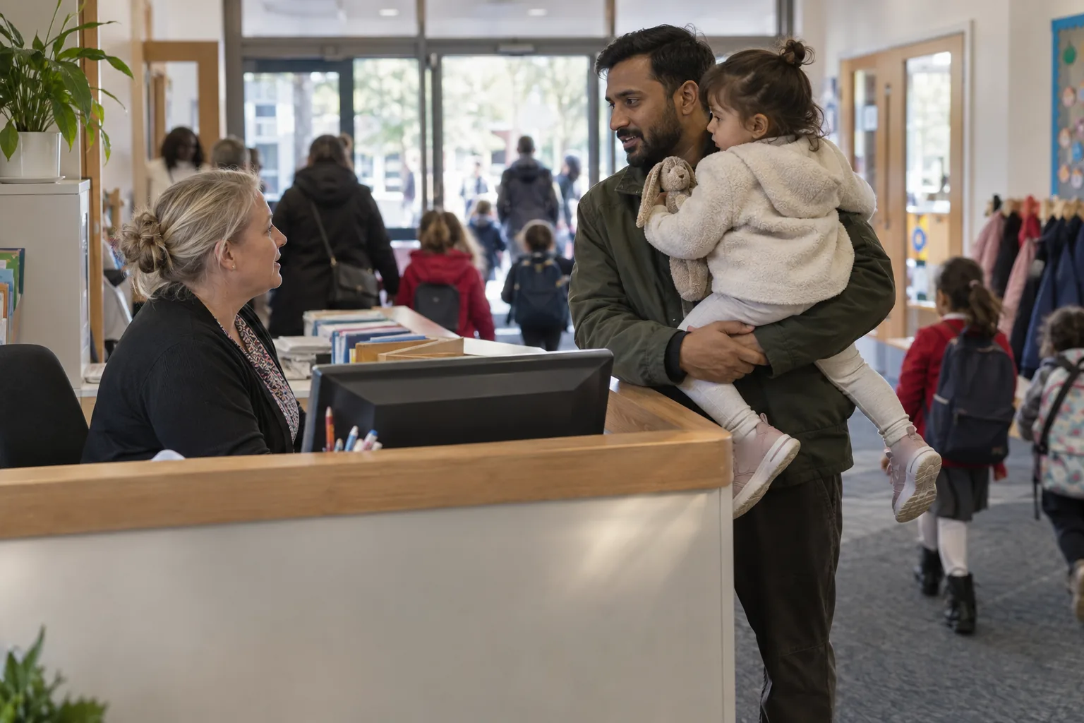 A school receptionist at the front desk of a busy primary school at 8.40 in the morning, speaking with a father holding a toddler while children in book-bag-laden uniforms stream past behind them