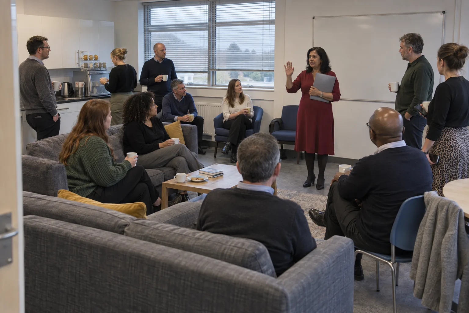 A headteacher at the front of a school staffroom before the morning briefing, staff on sofas and standing with mugs, phones in hands and pockets