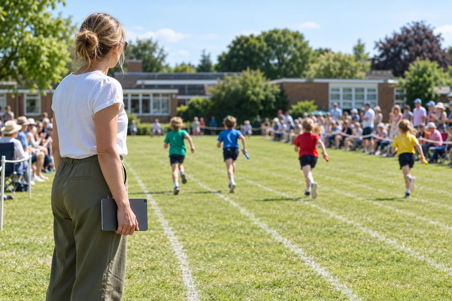 On a primary school playing field on a bright summer sports day, a teacher stands at the edge of the track holding a school tablet lowered at her side while a relay runs away from the camera in the distance, the children small and seen from behind, families sitting along a rope on the far side