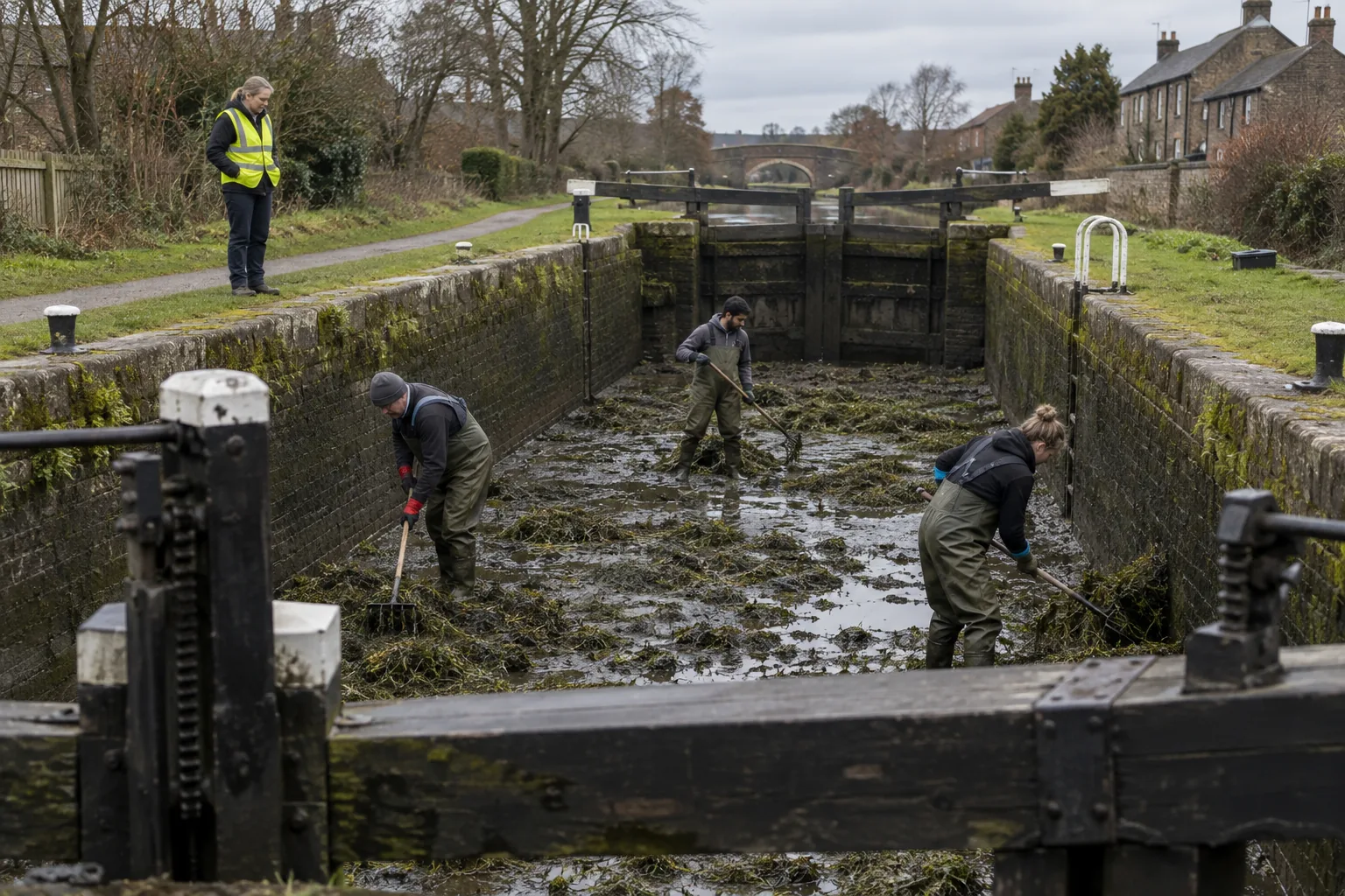 Volunteers from a canal restoration charity in waders clear weed from an old lock on a grey morning while their coordinator watches from the towpath