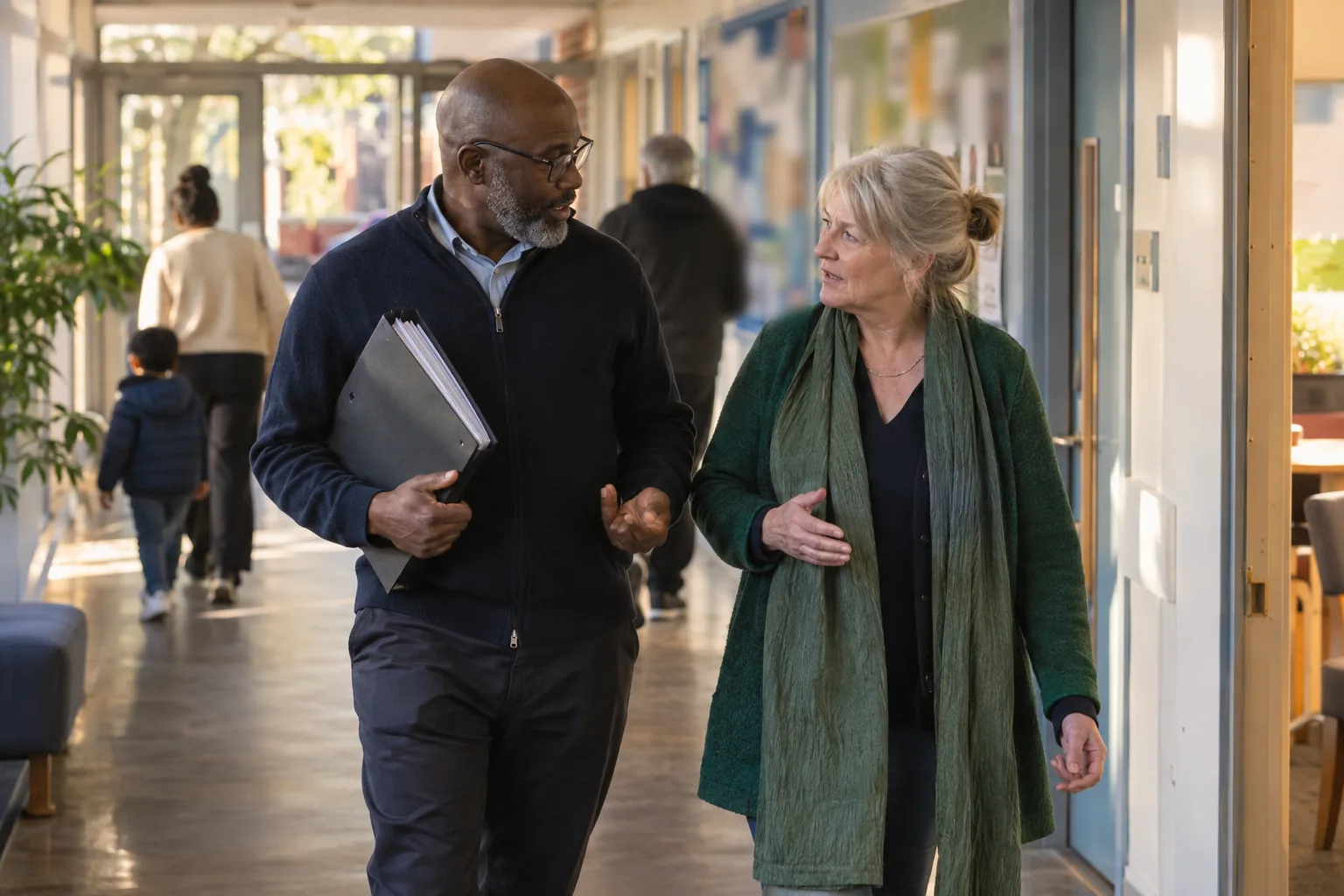 Two charity trustees walk and talk along the corridor of a community centre in late afternoon light, one carrying a ring binder under his arm, noticeboards blurred behind them