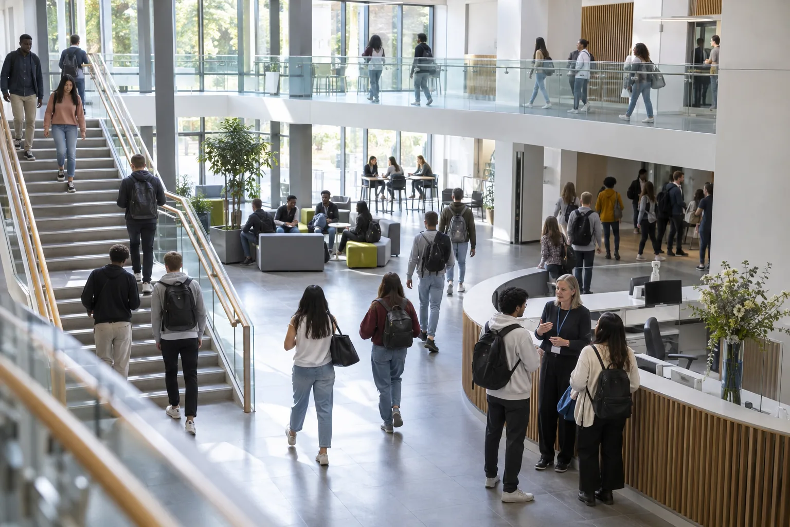 A further education college atrium at lunchtime, students crossing between staircases while a member of staff with a lanyard talks with two of them by the reception desk