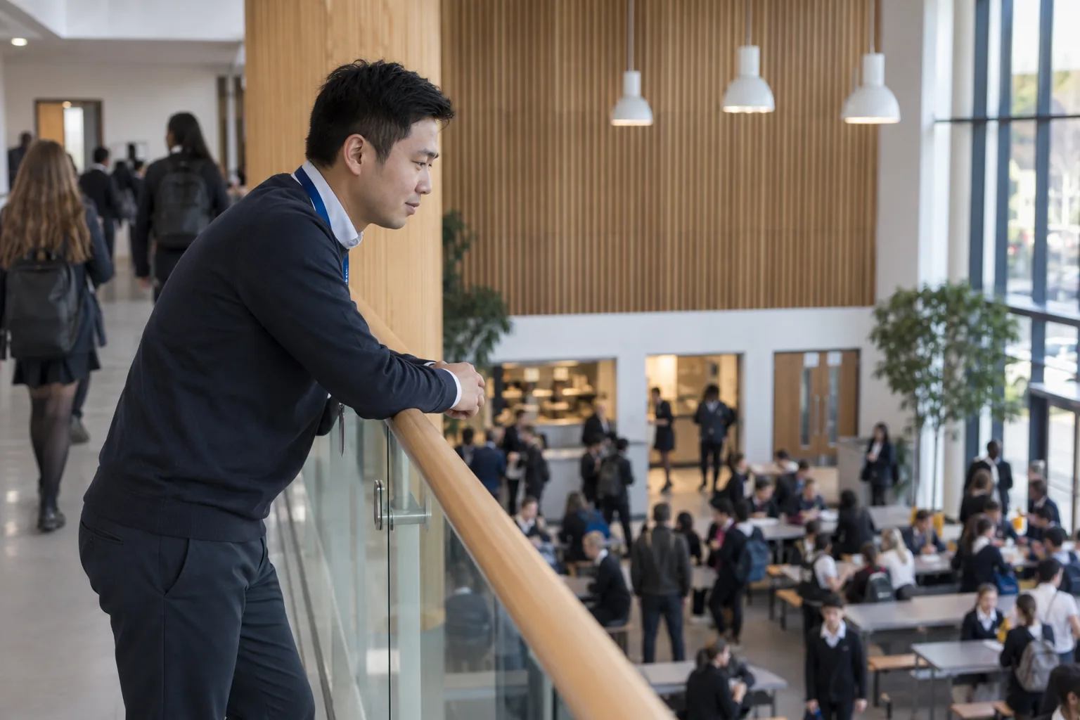 A school data manager leans on the balcony rail of a modern school atrium at lunchtime, looking down at the busy hall below