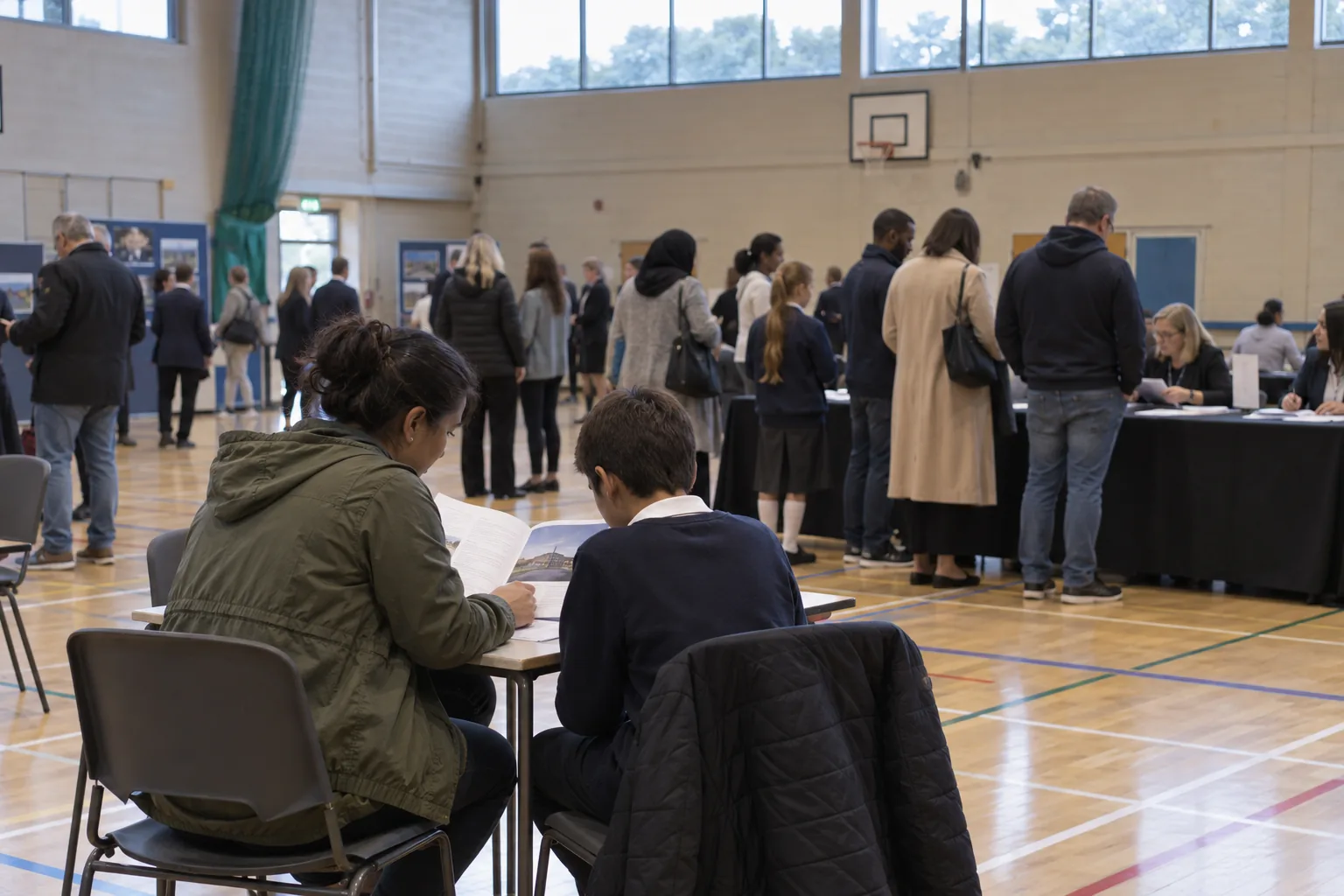 A parent and a Year 7 pupil read a printed welcome pack together at a small table in a secondary school sports hall on a new-intake evening, other families queuing at a registration desk behind them