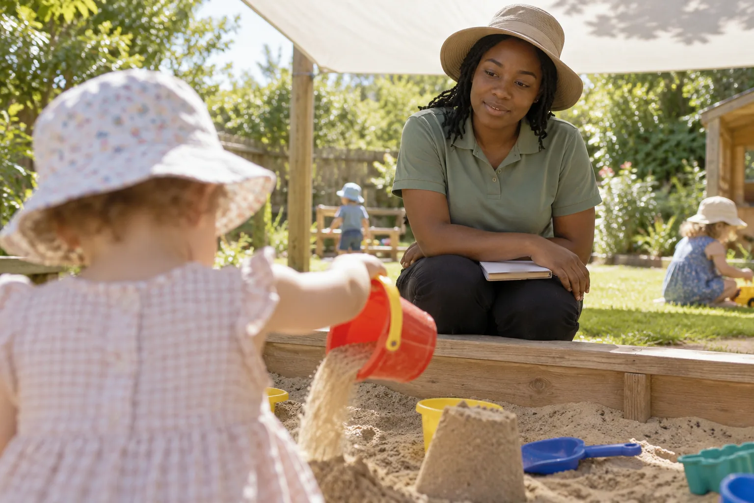 On a hot summer morning in a nursery garden, a practitioner kneels at the edge of a sandpit, watching as a toddler, seen from behind and out of focus, pours sand from a bucket