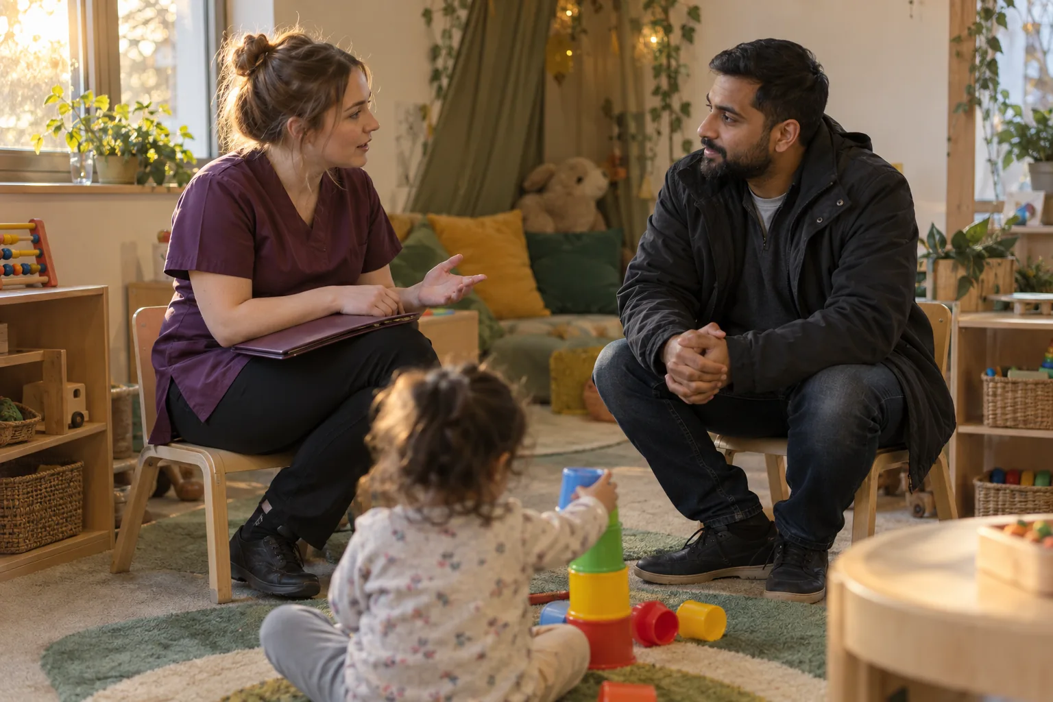In a quiet corner of a nursery, a key person and a father sit on low chairs talking while a two-year-old, seen from behind, stacks coloured cups on the rug between them, late-afternoon light from a side window