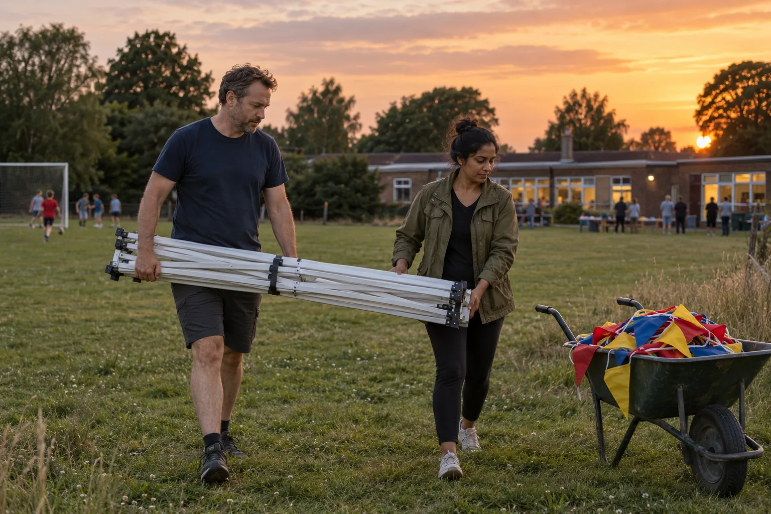Two parent committee members carry a folded gazebo across a primary school playing field at dusk the evening before a summer fair, a wheelbarrow of bunting beside them