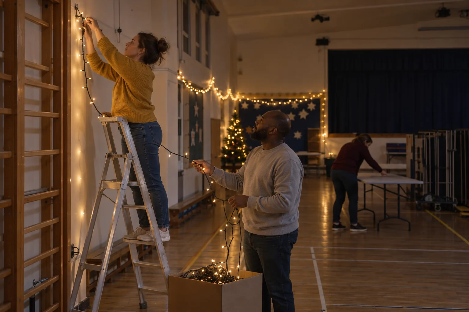 On a winter evening, PTA volunteers string fairy lights across a primary school hall for the next day’s Christmas fair, one on a stepladder and another feeding the lights up to her