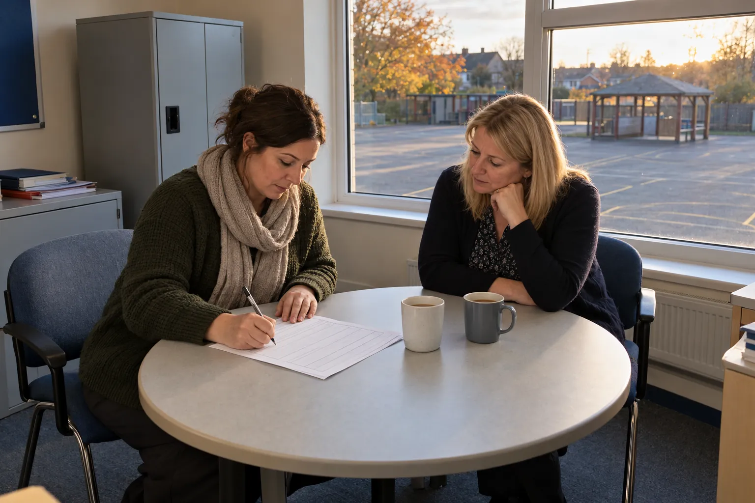 In a deputy headteacher's small office overlooking an empty playground at the end of the school day, a teaching assistant writes on a printed incident form at a round table while the deputy sits beside her and listens, mugs of tea between them, low autumn light through the window
