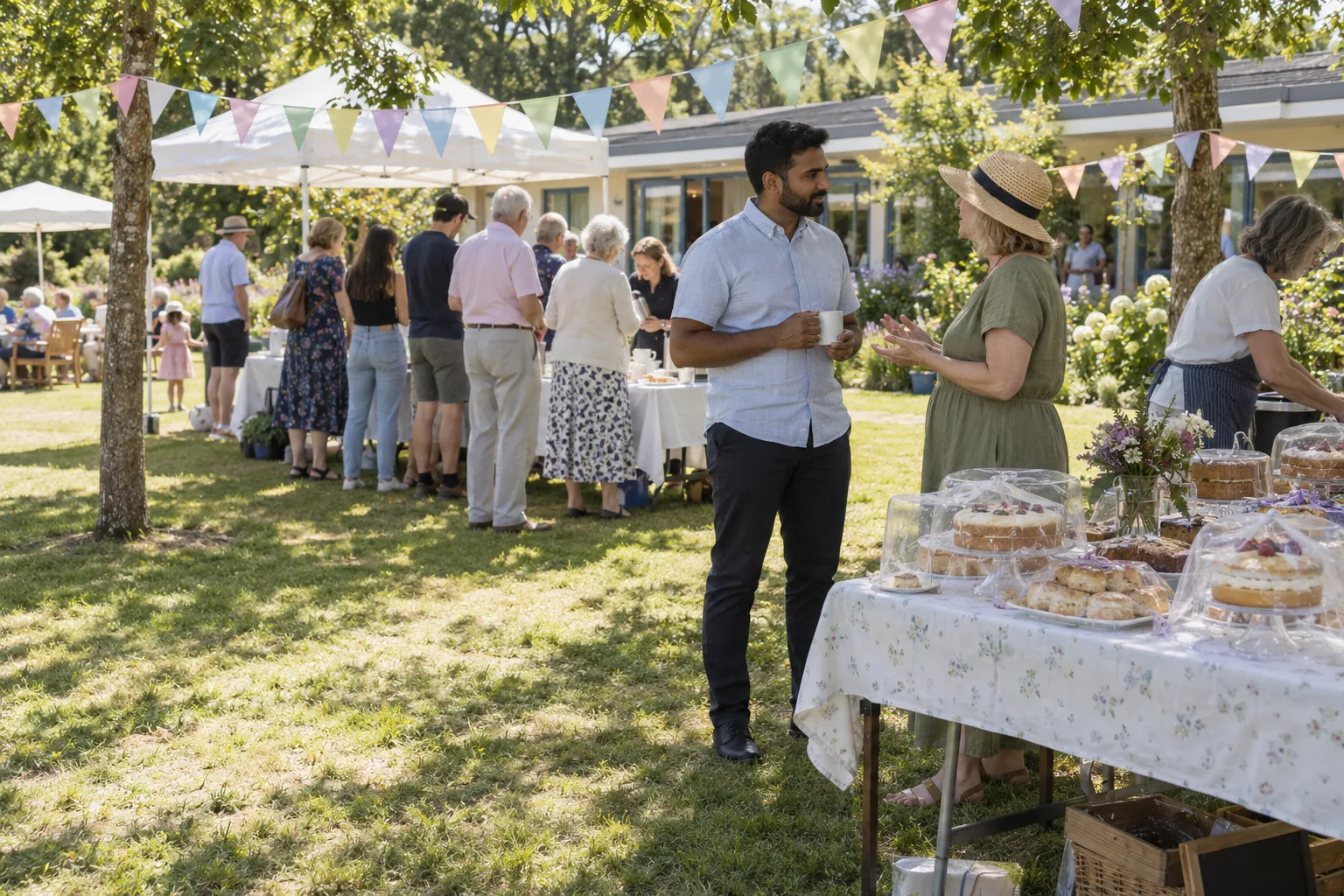 At a hospice’s summer fete on the lawn, the data protection lead talks with the head of fundraising beside a cake stall while visitors queue for tea under bunting