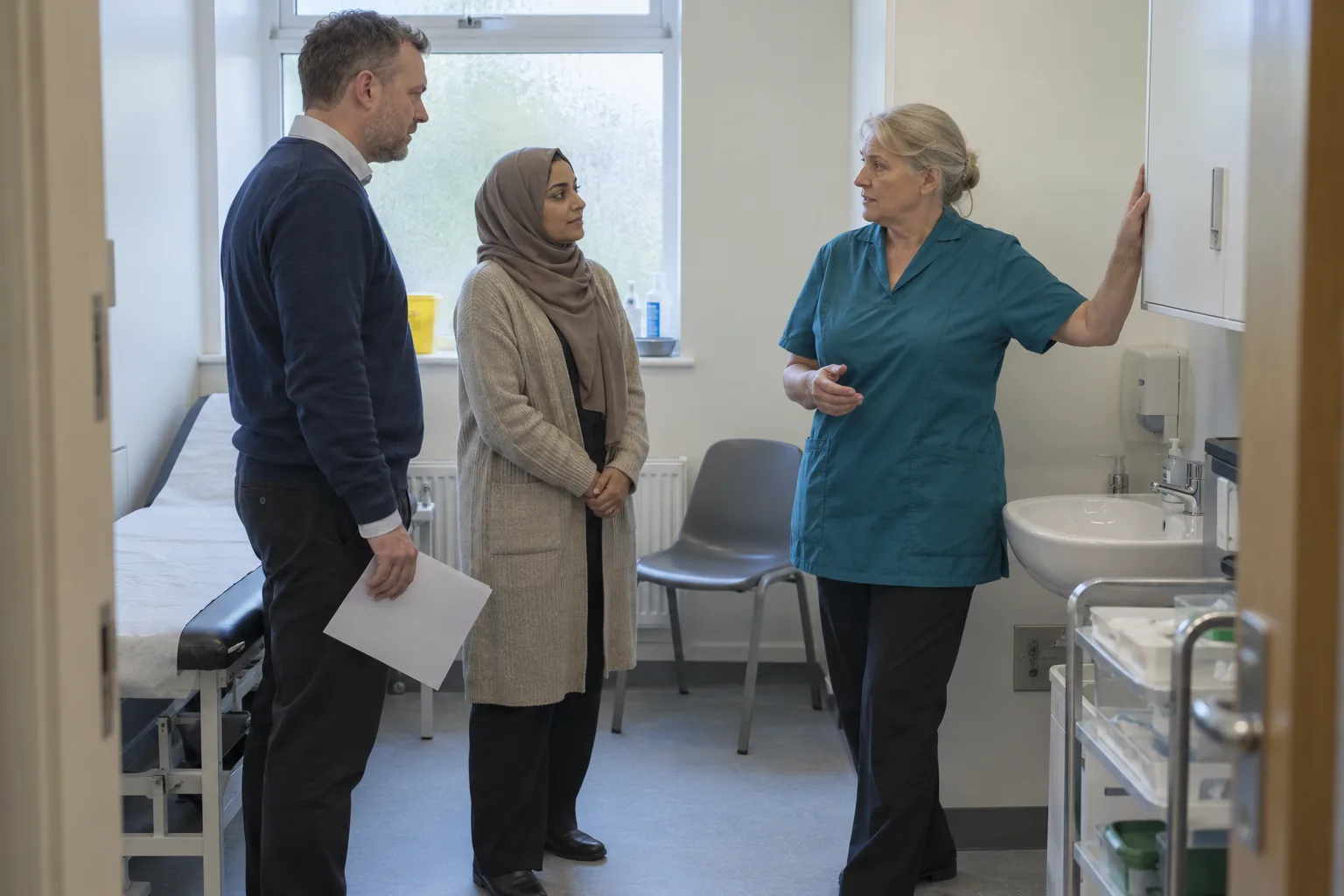 A multi-academy trust’s data protection officer and a school business manager talk with the first aider in a primary school medical room, a treatment couch and a closed wall cupboard behind them