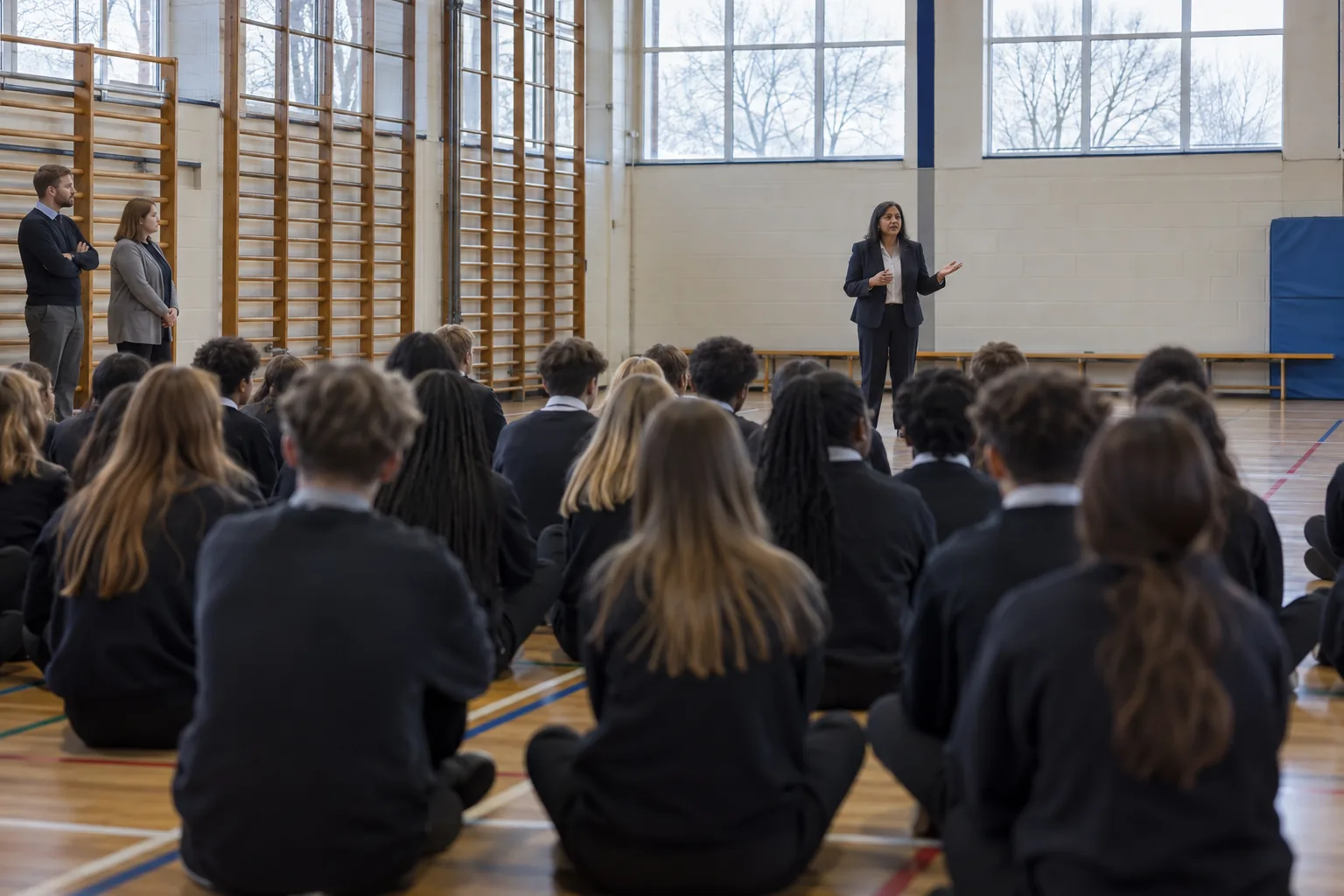 A deputy headteacher speaks to a year-group assembly in a secondary school sports hall, the students seated in rows on the floor, seen from behind and out of focus