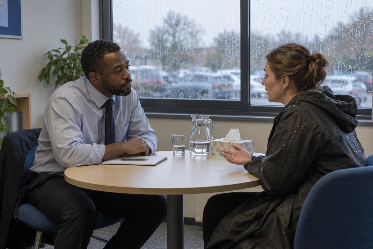 In a small meeting room off a secondary school reception, a head of year listens to a parent across a round table, his pen set down, rain on the window behind them