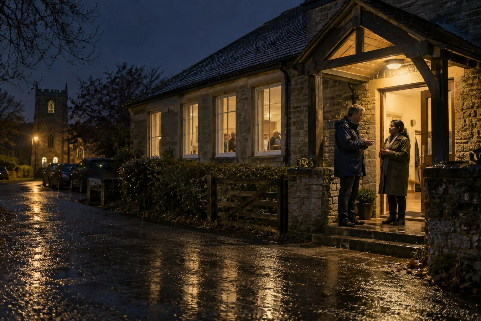 A trustee in a raincoat pauses outside a village hall after a board meeting, talking to the charity's company secretary under the porch light, seen from the lane