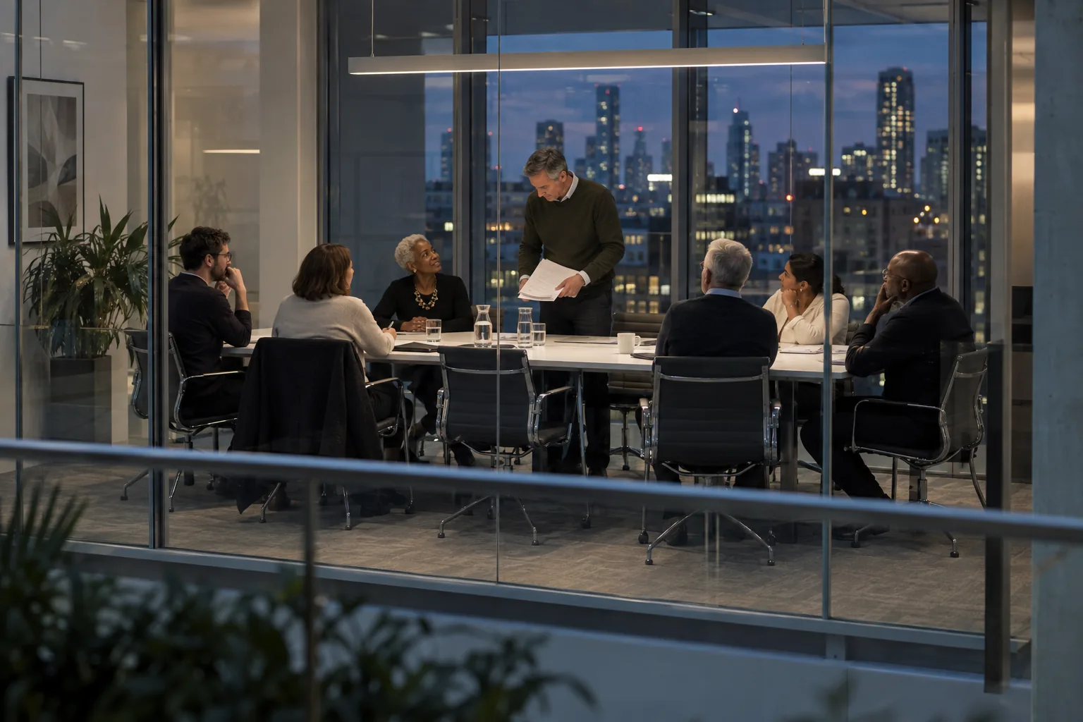 A charity board meets around a long table in a glass-walled room on a winter evening, city lights beyond, one trustee standing with his papers while the chair looks up at him