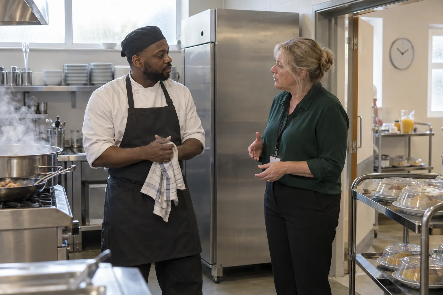 A registered manager talks with the cook in the doorway of a care home kitchen at breakfast time