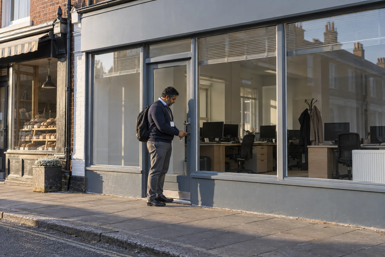 A registered manager unlocks the glass door of a homecare agency's high-street office at half past seven on a bright cold morning