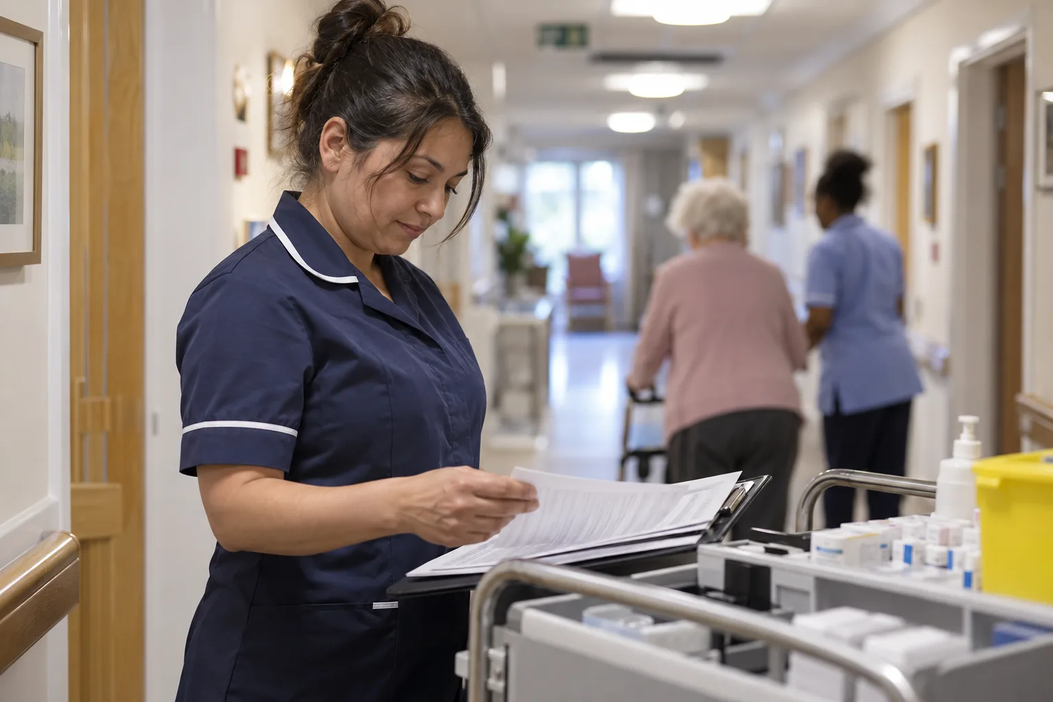 A deputy manager in a navy tunic turns over printed audit sheets on a clipboard beside a medicines trolley in a care home corridor, a carer walking with a resident behind her