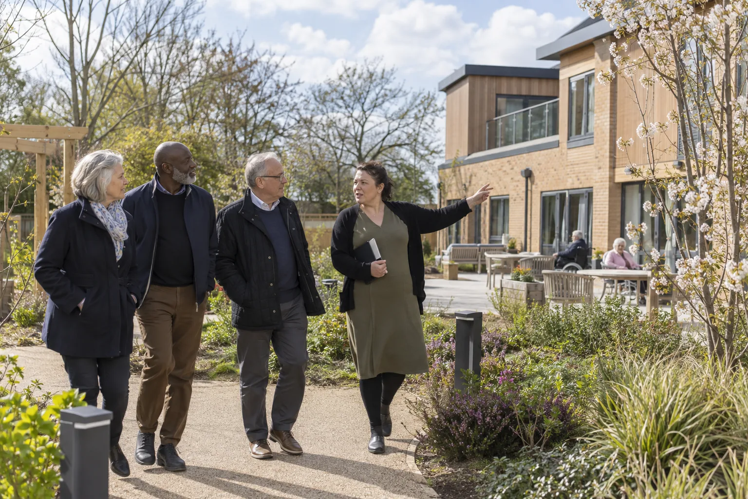 Three trustees of a care charity walk the garden path of one of its care homes with the registered manager on a breezy spring afternoon, one pointing towards a newly built extension