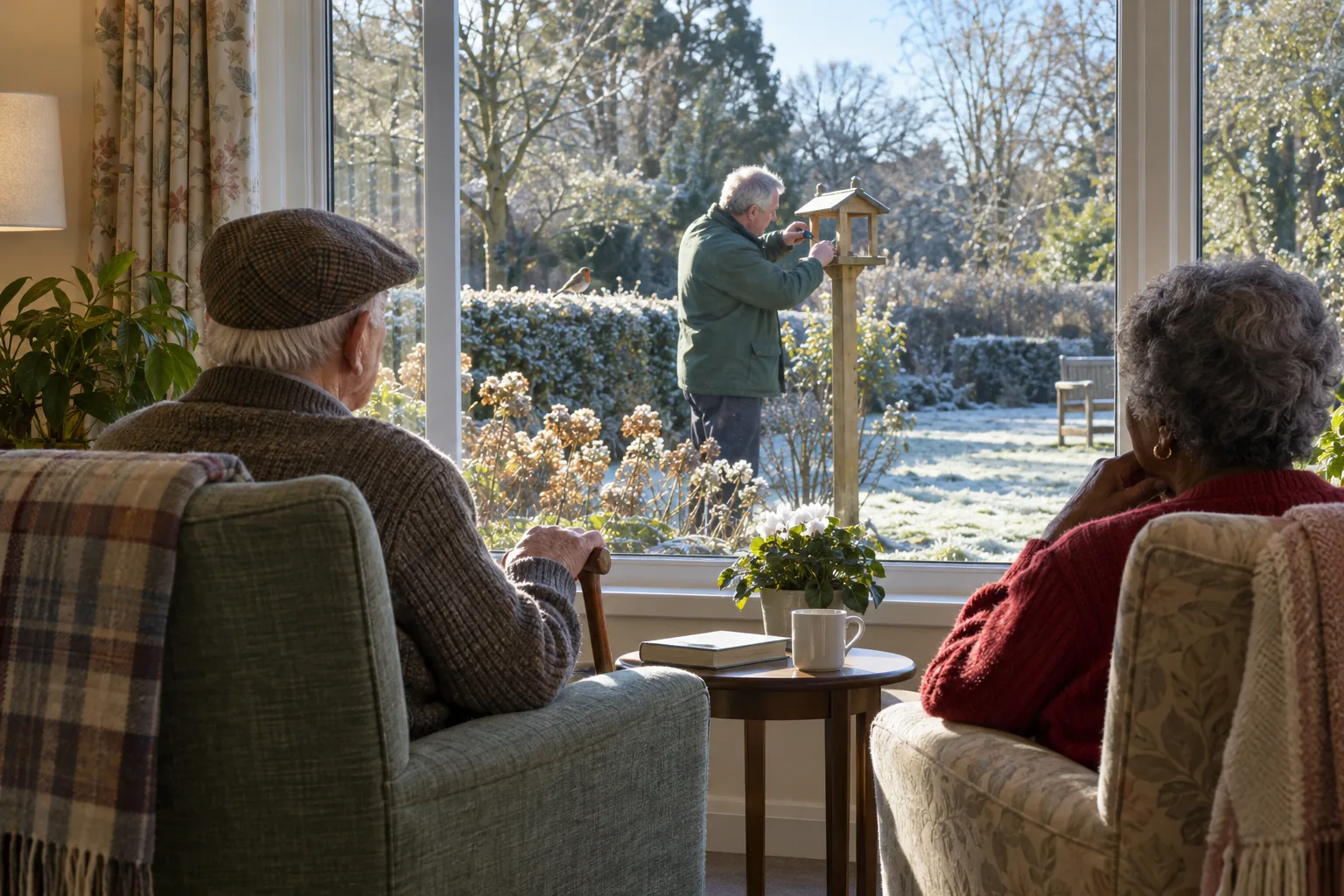 Seen from inside a care home lounge, two residents watch from their armchairs as the maintenance man fixes a new bird feeder to a post in the frosty garden
