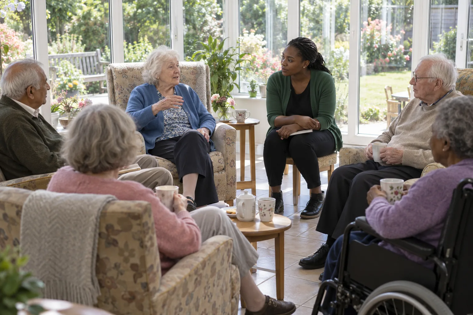 In a care home conservatory on a bright afternoon, an older woman in a blue cardigan chairs a residents’ meeting from her armchair, gesturing as she speaks, while four residents, one in a wheelchair, and an activities coordinator with a notebook on her knee listen over cups of tea