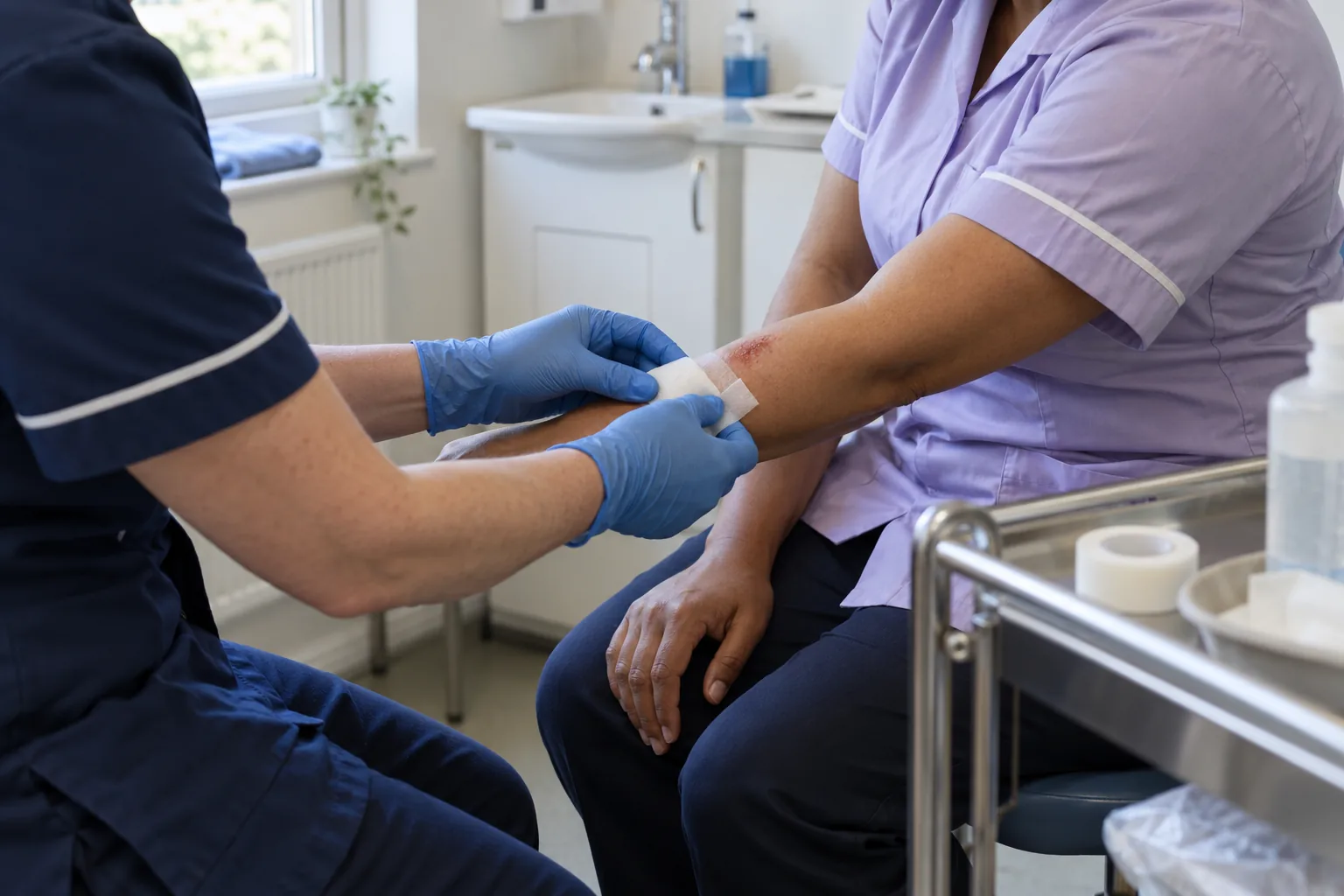 Close view of a nurse dressing a graze on a care worker’s forearm in a care home treatment room, the care worker’s other hand resting on her knee