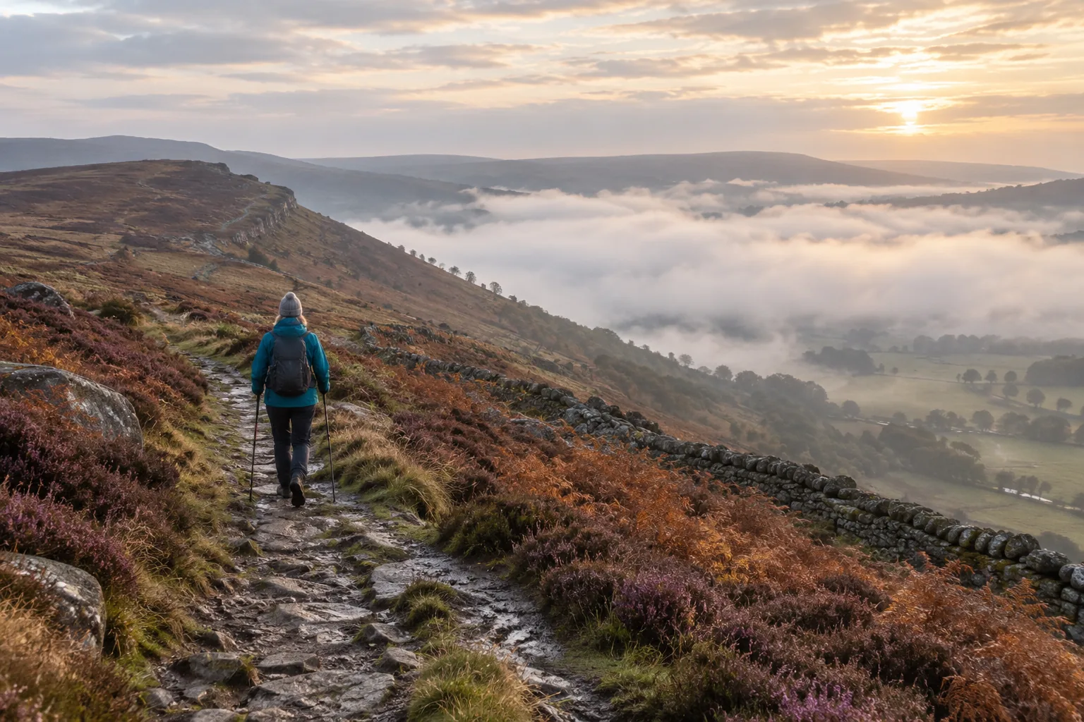 On a misty Sunday morning, a school business manager walks alone along a moorland ridge path with walking poles, seen from a little way behind, the valley below hidden in cloud