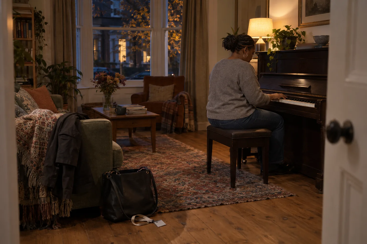 In the lamp-lit front room of her terraced house, a charity operations manager plays an upright piano in the evening, her work bag and coat dropped by the door