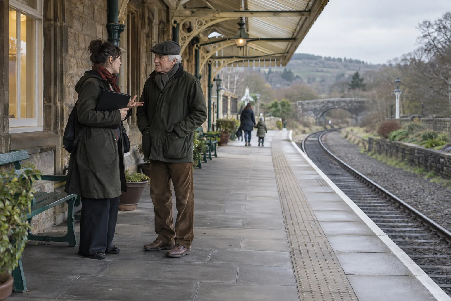 A charity volunteer coordinator and a trustee talk on the platform of a small country railway station after a meeting, waiting for a train