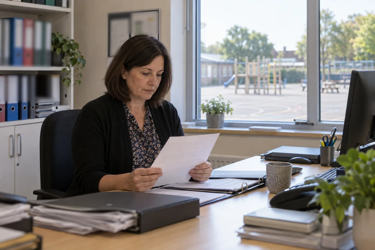 A school business manager reads a letter at her desk in a bright school office after hours, a stack of lever-arch files on the shelf behind her and a playground visible through the window